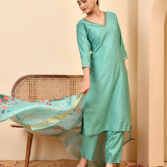 Chanderi V neck Hand Embroidered Aqua Solid  kurta Pant Set With Printed Dupatta Set (Set of 5 Pc)