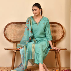 Chanderi V neck Hand Embroidered Aqua Solid  kurta Pant Set With Printed Dupatta Set (Set of 5 Pc)