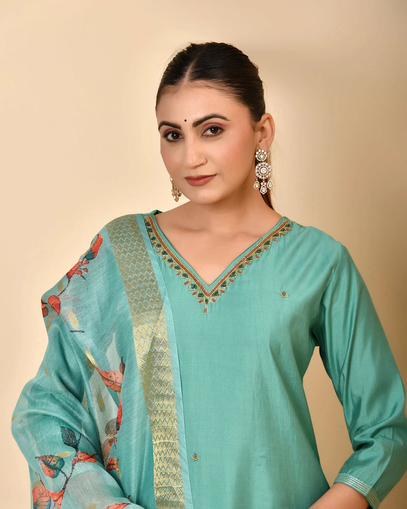 Chanderi V neck Hand Embroidered Aqua Solid  kurta Pant Set With Printed Dupatta Set (Set of 5 Pc)