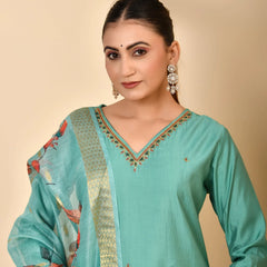 Chanderi V neck Hand Embroidered Aqua Solid  kurta Pant Set With Printed Dupatta Set (Set of 5 Pc)