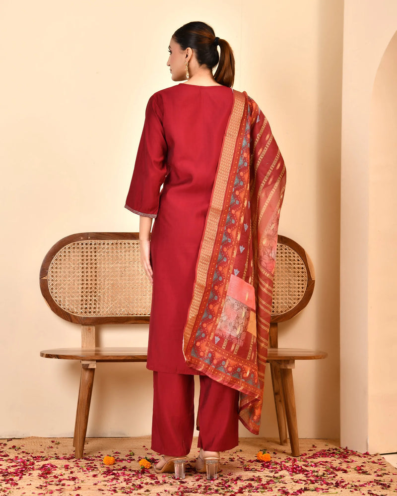 Chanderi V neck Hand Embroidered Maroon Solid  Kurta Pant Set With Printed Dupatta Set (Set of 5 Pc)