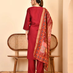 Chanderi V neck Hand Embroidered Maroon Solid  Kurta Pant Set With Printed Dupatta Set (Set of 5 Pc)