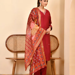Chanderi V neck Hand Embroidered Maroon Solid  Kurta Pant Set With Printed Dupatta Set (Set of 5 Pc)