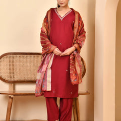 Chanderi V neck Hand Embroidered Maroon Solid  Kurta Pant Set With Printed Dupatta Set (Set of 5 Pc)