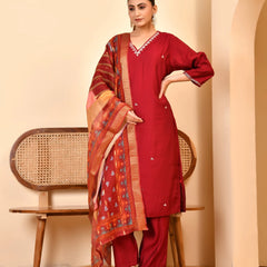 Chanderi V neck Hand Embroidered Maroon Solid  Kurta Pant Set With Printed Dupatta Set (Set of 5 Pc)