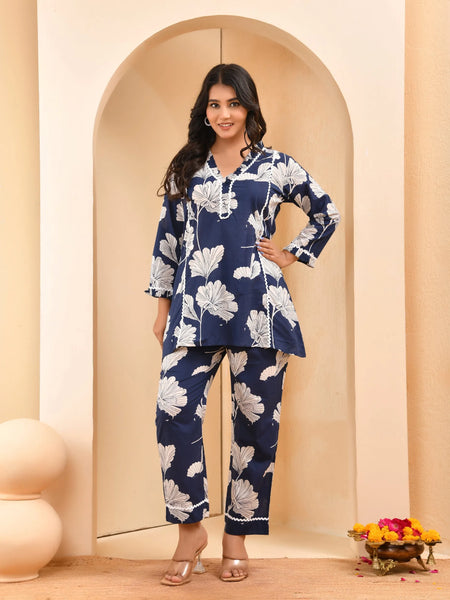 Navy Pleated Cotton Cord Set With Lace & Cotton Printed Pants (Set of 5 Pc)