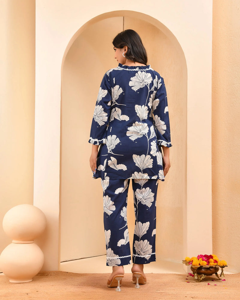 Navy Pleated Cotton Cord Set With Lace & Cotton Printed Pants (Set of 5 Pc)