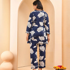 Navy Pleated Cotton Cord Set With Lace & Cotton Printed Pants (Set of 5 Pc)