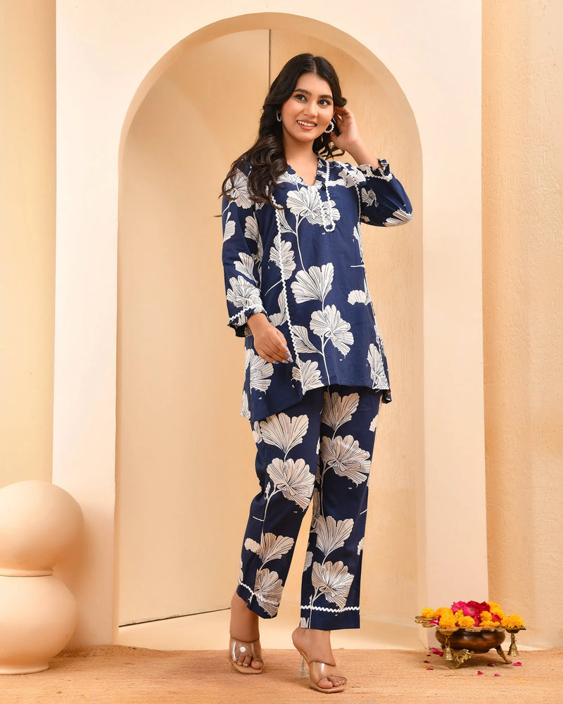 Navy Pleated Cotton Cord Set With Lace & Cotton Printed Pants (Set of 5 Pc)