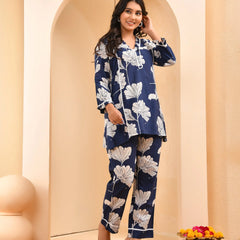 Navy Pleated Cotton Cord Set With Lace & Cotton Printed Pants (Set of 5 Pc)