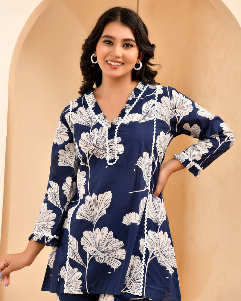 Navy Pleated Cotton Cord Set With Lace & Cotton Printed Pants (Set of 5 Pc)