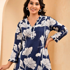 Navy Pleated Cotton Cord Set With Lace & Cotton Printed Pants (Set of 5 Pc)