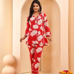 Red Cotton Cord Set With Lace & Cotton Printed Pants (Set of 5 Pc)