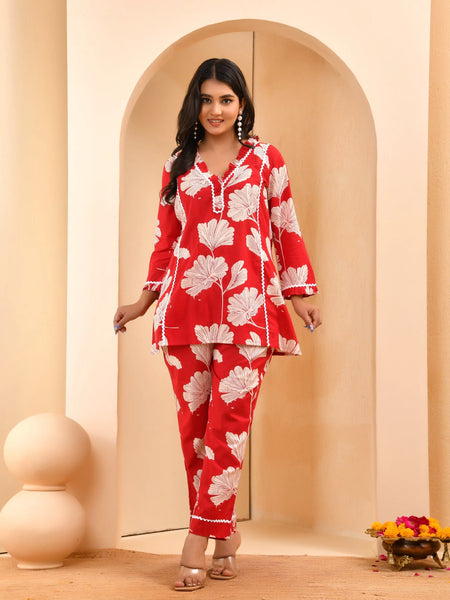 Red Cotton Cord Set With Lace & Cotton Printed Pants (Set of 5 Pc)