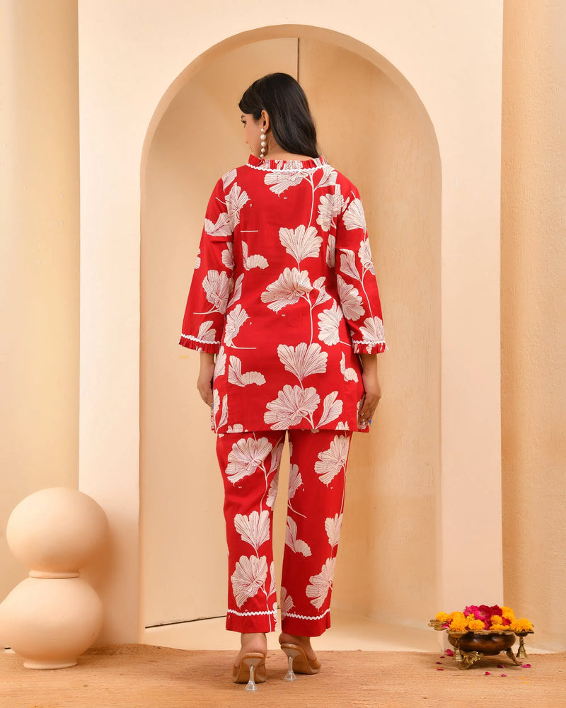 Red Cotton Cord Set With Lace & Cotton Printed Pants (Set of 5 Pc)