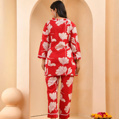 Red Cotton Cord Set With Lace & Cotton Printed Pants (Set of 5 Pc)