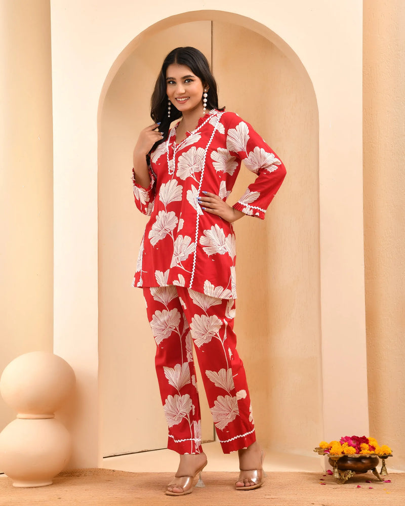 Red Cotton Cord Set With Lace & Cotton Printed Pants (Set of 5 Pc)