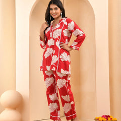 Red Cotton Cord Set With Lace & Cotton Printed Pants (Set of 5 Pc)