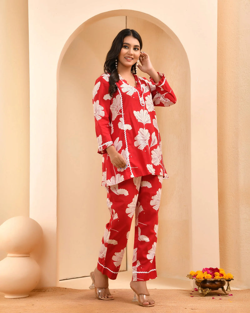 Red Cotton Cord Set With Lace & Cotton Printed Pants (Set of 5 Pc)
