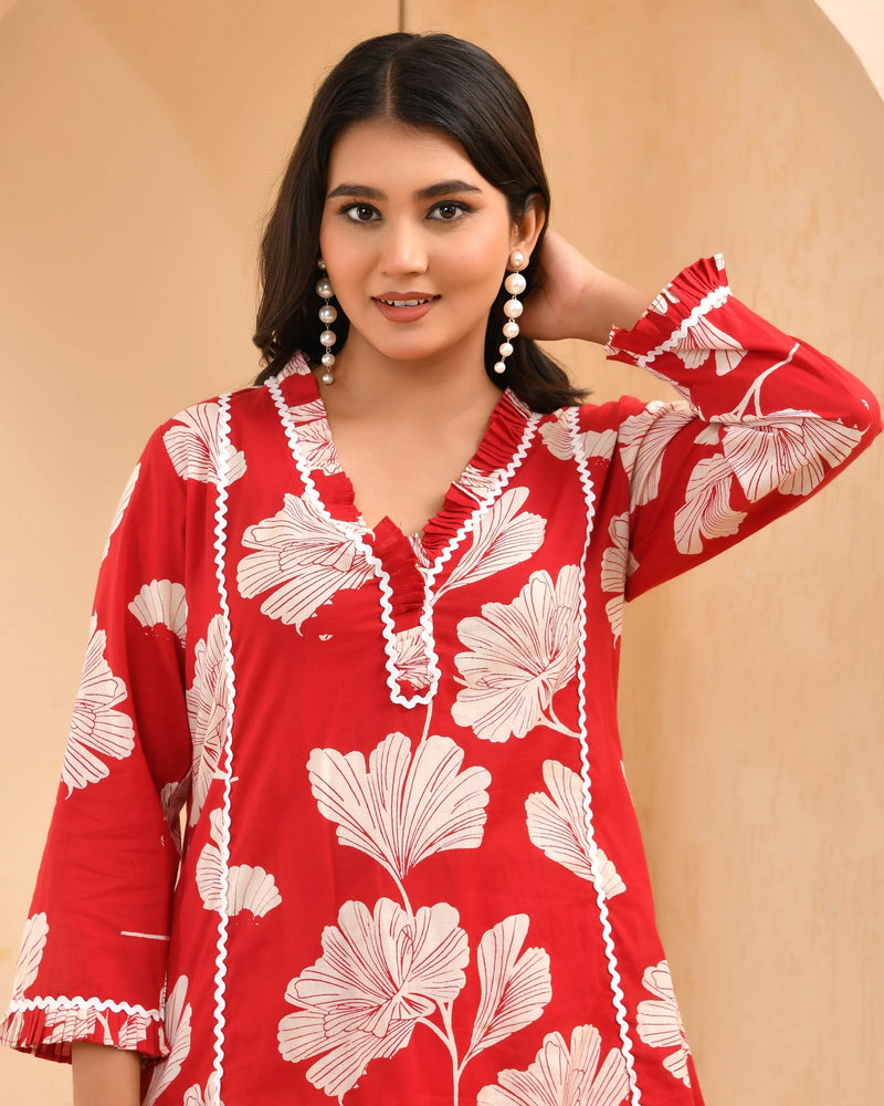 Red Cotton Cord Set With Lace & Cotton Printed Pants (Set of 5 Pc)