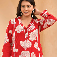 Red Cotton Cord Set With Lace & Cotton Printed Pants (Set of 5 Pc)