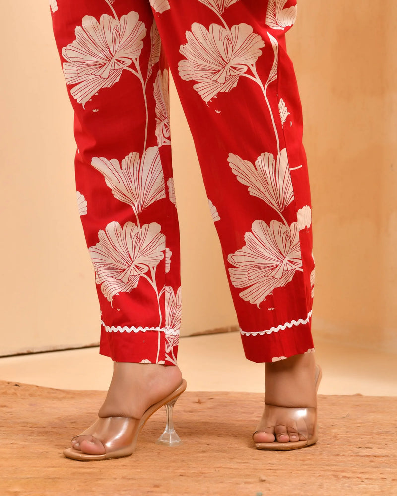 Red Cotton Cord Set With Lace & Cotton Printed Pants (Set of 5 Pc)