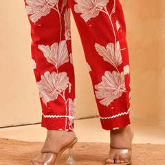 Red Cotton Cord Set With Lace & Cotton Printed Pants (Set of 5 Pc)