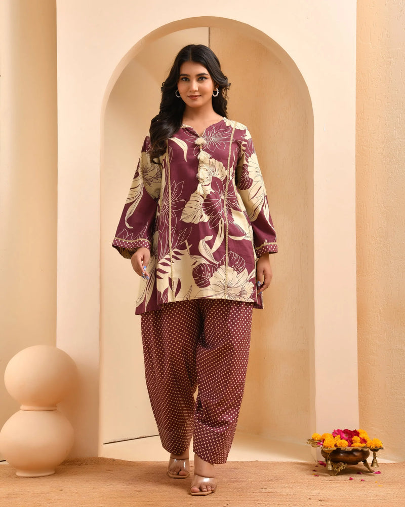 Brown Panel Cotton Cord Set With Polka Dot Printed Farshi Pant (Set of 5 Pc)