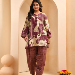 Brown Panel Cotton Cord Set With Polka Dot Printed Farshi Pant (Set of 5 Pc)