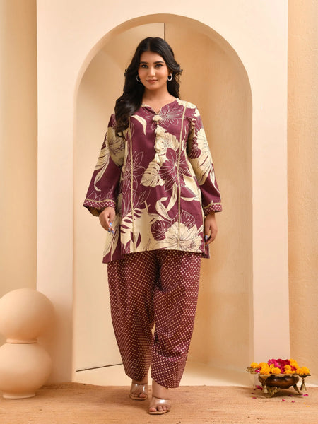 Brown Panel Cotton Cord Set With Polka Dot Printed Farshi Pant (Set of 5 Pc)