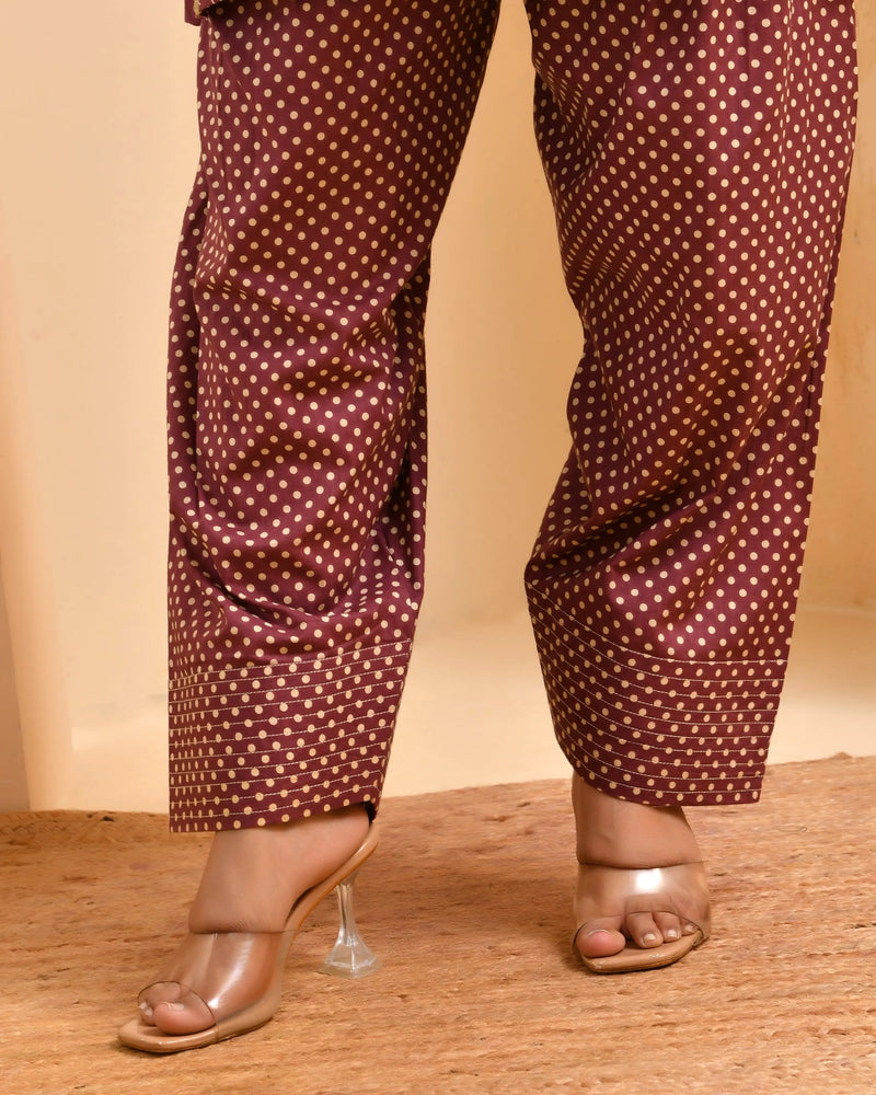 Brown Panel Cotton Cord Set With Polka Dot Printed Farshi Pant (Set of 5 Pc)