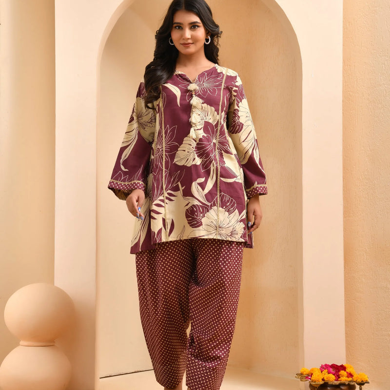Brown Panel Cotton Cord Set With Polka Dot Printed Farshi Pant (Set of 5 Pc)