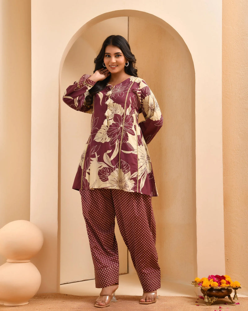 Brown Panel Cotton Cord Set With Polka Dot Printed Farshi Pant (Set of 5 Pc)