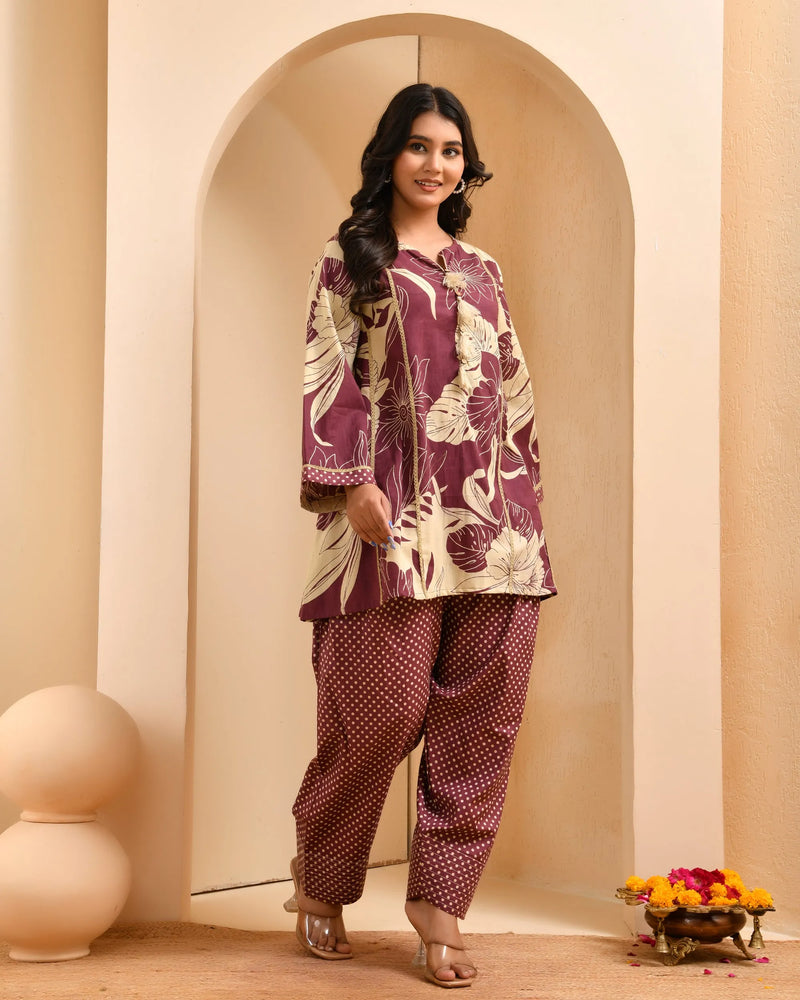 Brown Panel Cotton Cord Set With Polka Dot Printed Farshi Pant (Set of 5 Pc)