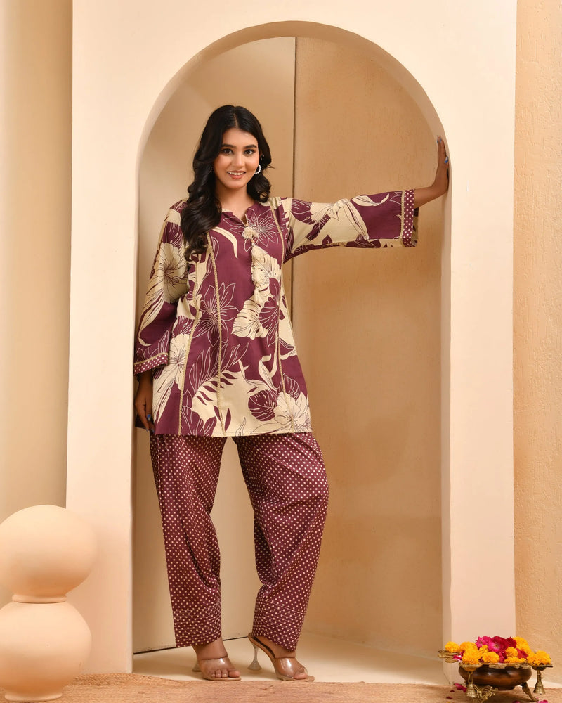 Brown Panel Cotton Cord Set With Polka Dot Printed Farshi Pant (Set of 5 Pc)