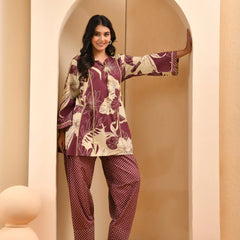 Brown Panel Cotton Cord Set With Polka Dot Printed Farshi Pant (Set of 5 Pc)