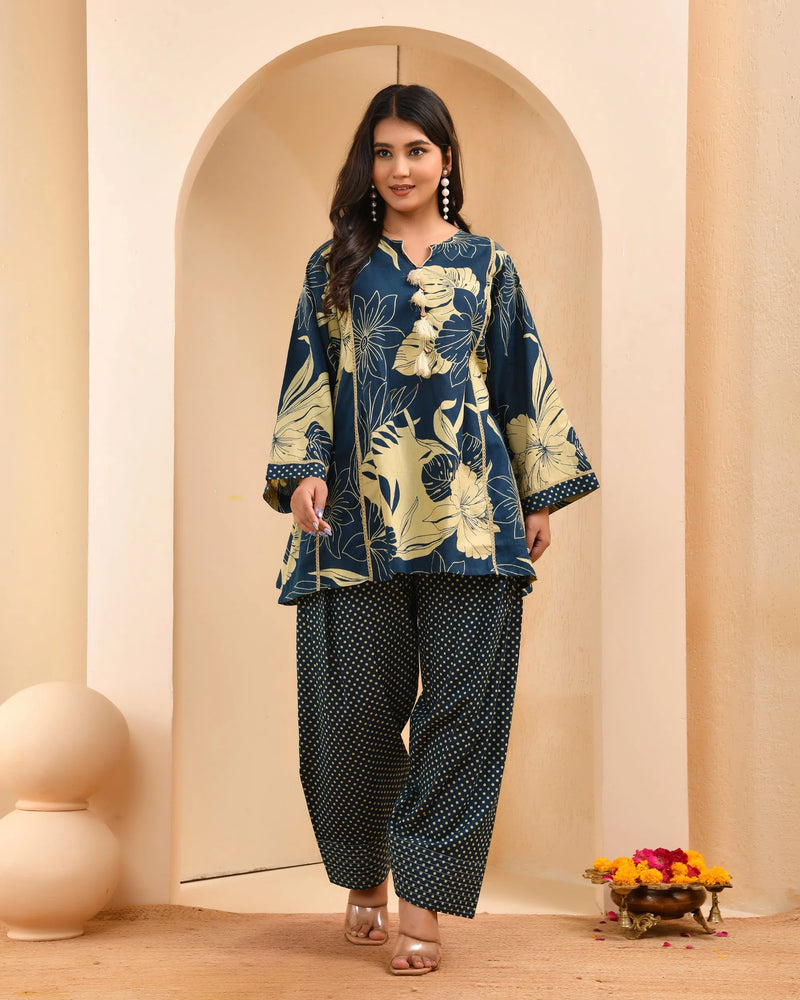 Cobalt Blue Panel Cotton Cord Set With Polka Dot Printed Farshi Pant (Set of 5 Pc)