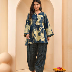 Cobalt Blue Panel Cotton Cord Set With Polka Dot Printed Farshi Pant (Set of 5 Pc)