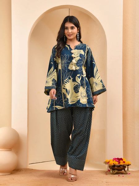 Cobalt Blue Panel Cotton Cord Set With Polka Dot Printed Farshi Pant (Set of 5 Pc)