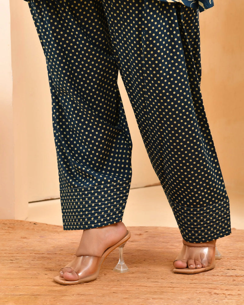 Cobalt Blue Panel Cotton Cord Set With Polka Dot Printed Farshi Pant (Set of 5 Pc)