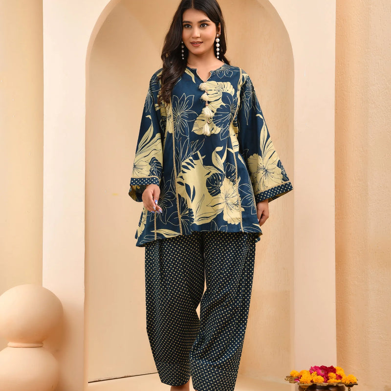 Cobalt Blue Panel Cotton Cord Set With Polka Dot Printed Farshi Pant (Set of 5 Pc)