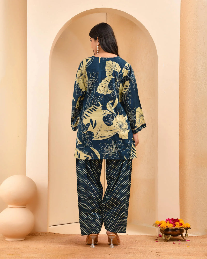 Cobalt Blue Panel Cotton Cord Set With Polka Dot Printed Farshi Pant (Set of 5 Pc)