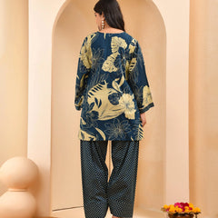 Cobalt Blue Panel Cotton Cord Set With Polka Dot Printed Farshi Pant (Set of 5 Pc)