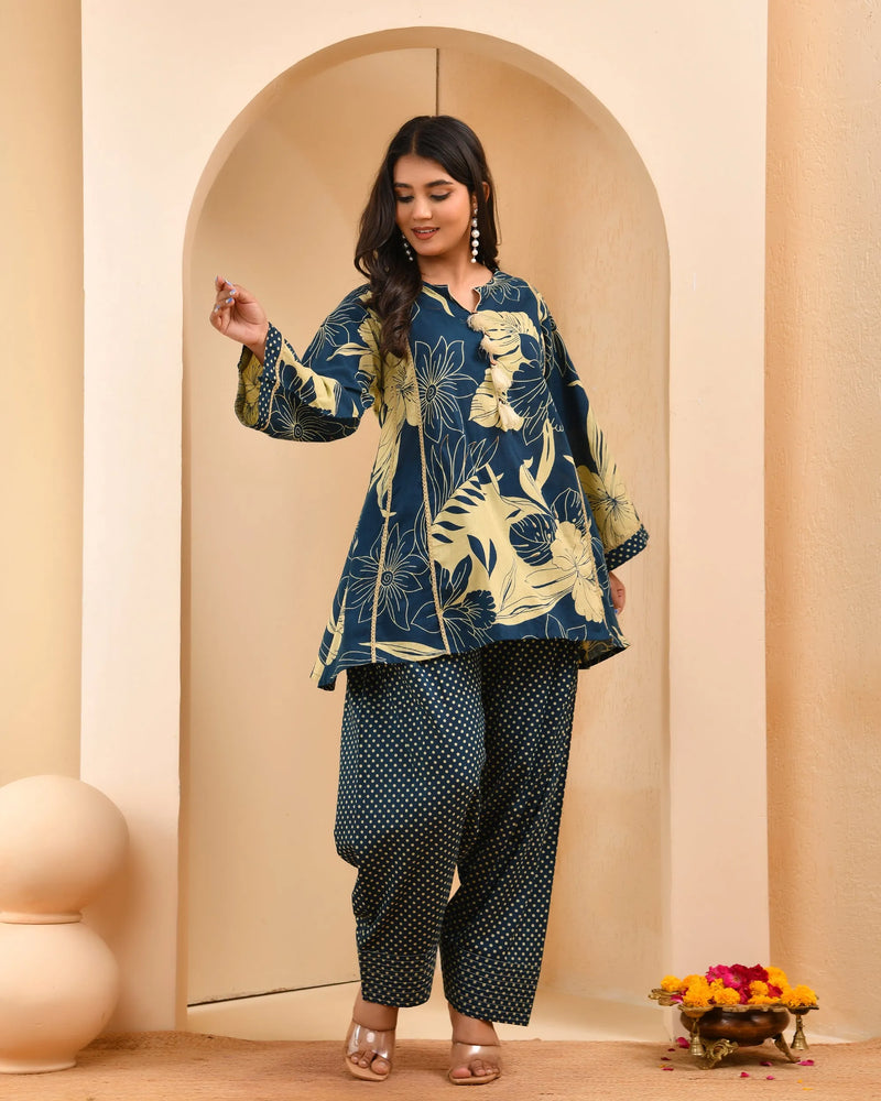 Cobalt Blue Panel Cotton Cord Set With Polka Dot Printed Farshi Pant (Set of 5 Pc)