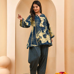 Cobalt Blue Panel Cotton Cord Set With Polka Dot Printed Farshi Pant (Set of 5 Pc)
