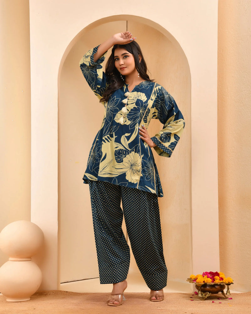 Cobalt Blue Panel Cotton Cord Set With Polka Dot Printed Farshi Pant (Set of 5 Pc)
