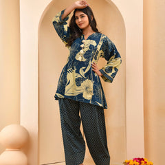Cobalt Blue Panel Cotton Cord Set With Polka Dot Printed Farshi Pant (Set of 5 Pc)