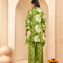 Green Floral Printed Mirror Embroidered Top With Printed Bell Bottom Pants (Set of 5 Pc)