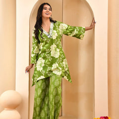 Green Floral Printed Mirror Embroidered Top With Printed Bell Bottom Pants (Set of 5 Pc)