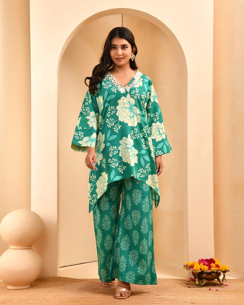 Turquoise Floral Printed Mirror Embroidered Top with Printed Bell-Bottom Pants (Set of 5 Pc)